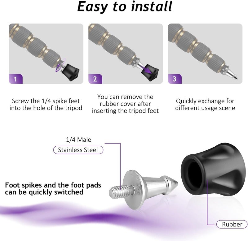 Rigych 6 Pcs Tripod Spike Feet 1/4-20 Thread Rubber Feet Anti-Slip & Stainless Steel Spike Tripod Feet Replacement Parts - Image 5